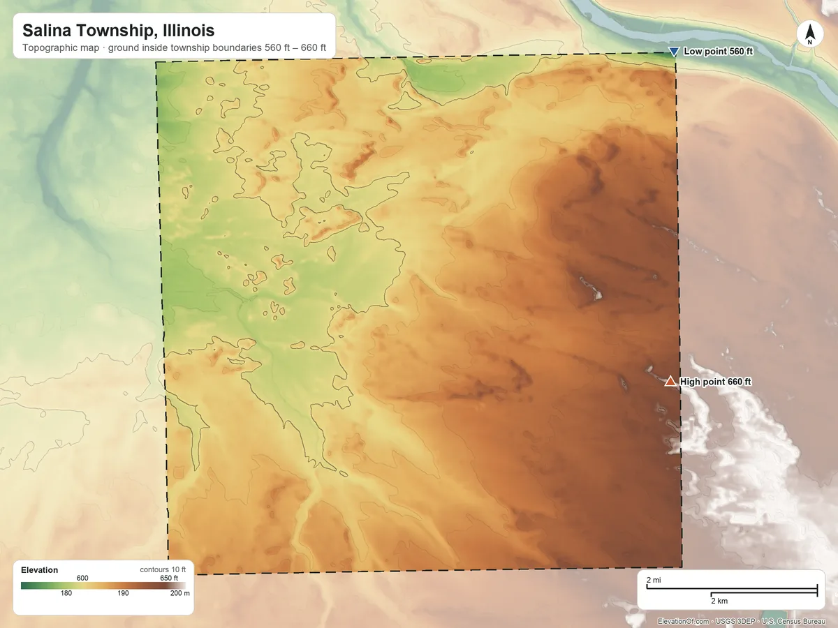 Topographic elevation map of Salina Township, Illinois, shaded from 560 ft on the northeast side to 660 ft on the east side