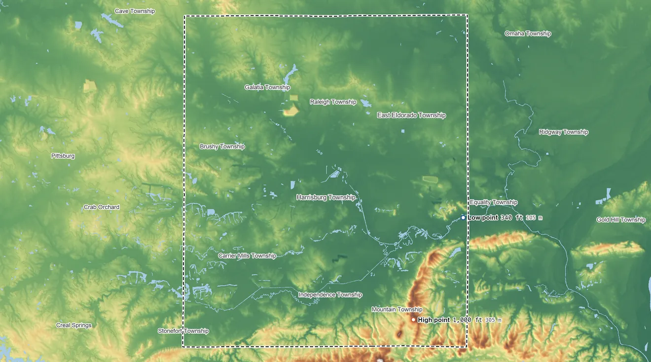Topographic elevation map of Saline County, Illinois, shaded from 340 ft on the east side to 1,000 ft on Horton Hill