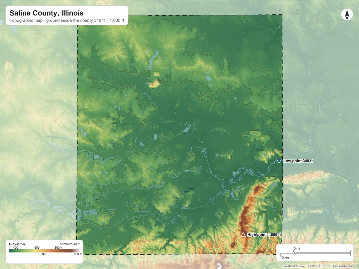 Topographic elevation map of Saline County, Illinois, shaded from 340 ft on the east side to 1,000 ft on Horton Hill