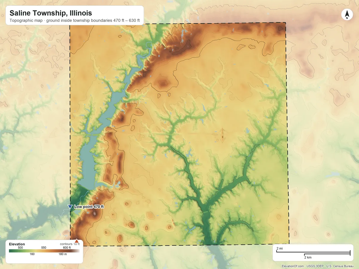 Topographic elevation map of Saline Township, Illinois, shaded from 470 ft on the west side to 630 ft on the southwest side