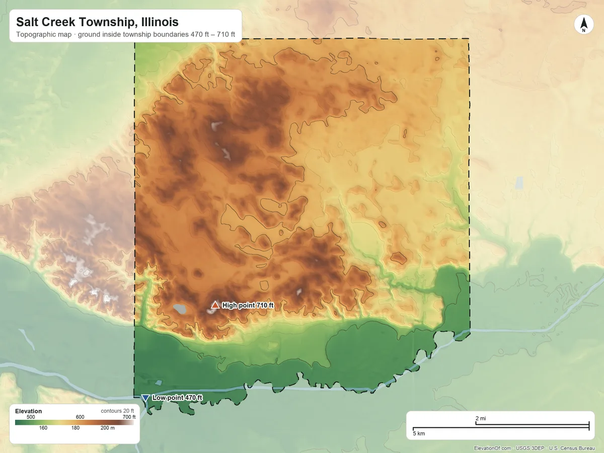Topographic elevation map of Salt Creek Township, Illinois, shaded from 470 ft on the southwest side to 710 ft on the south side