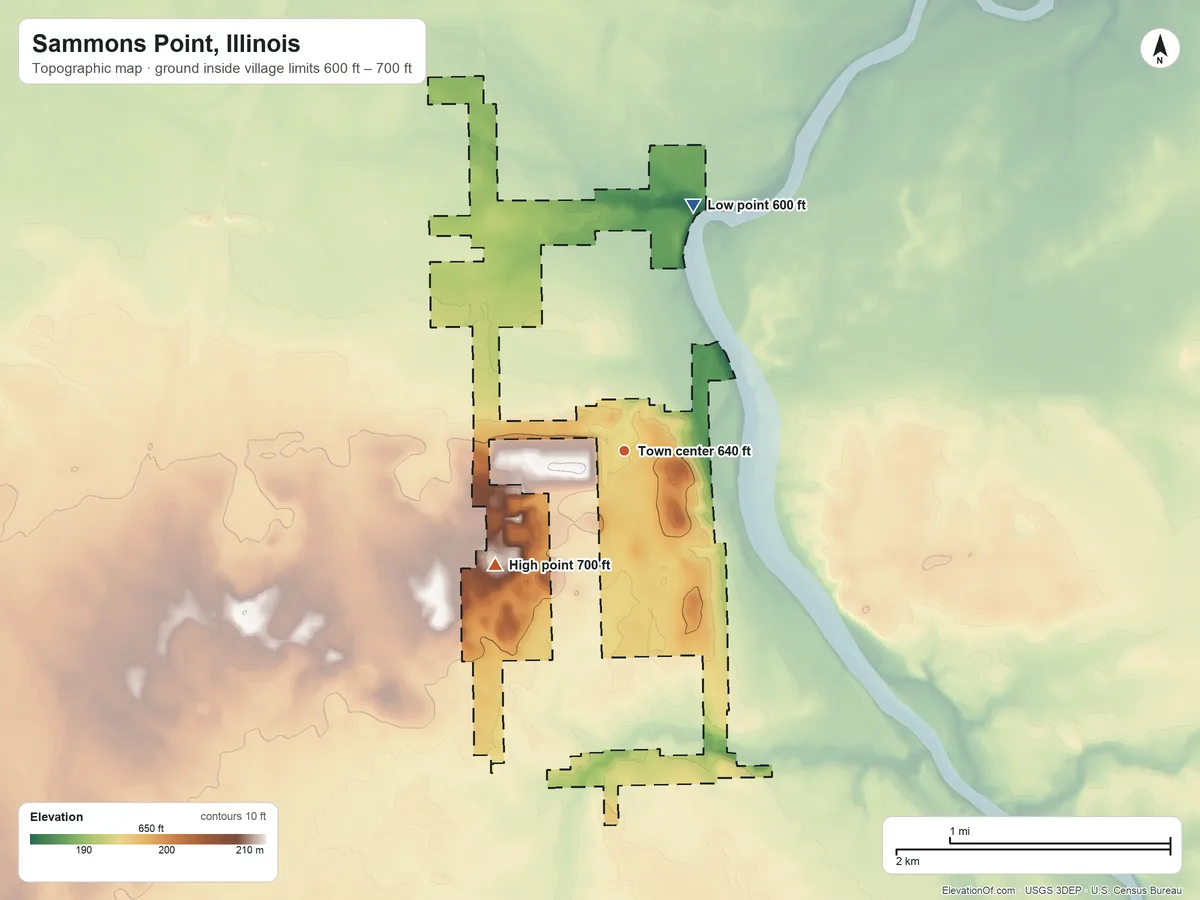 Topographic elevation map of Sammons Point, Illinois, shaded from 600 ft on the north side to 700 ft on the southwest side