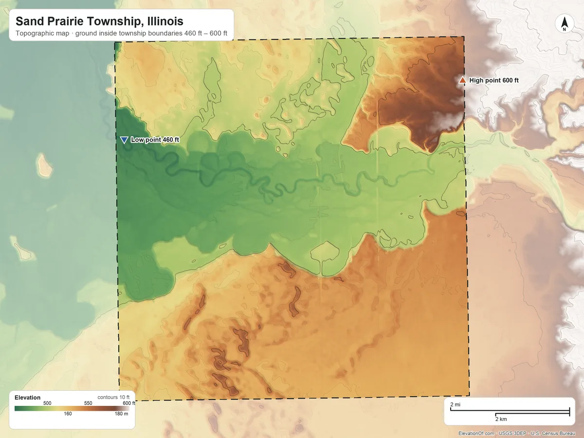 Topographic elevation map of Sand Prairie Township, Illinois, shaded from 460 ft on the west side to 600 ft on the northeast side