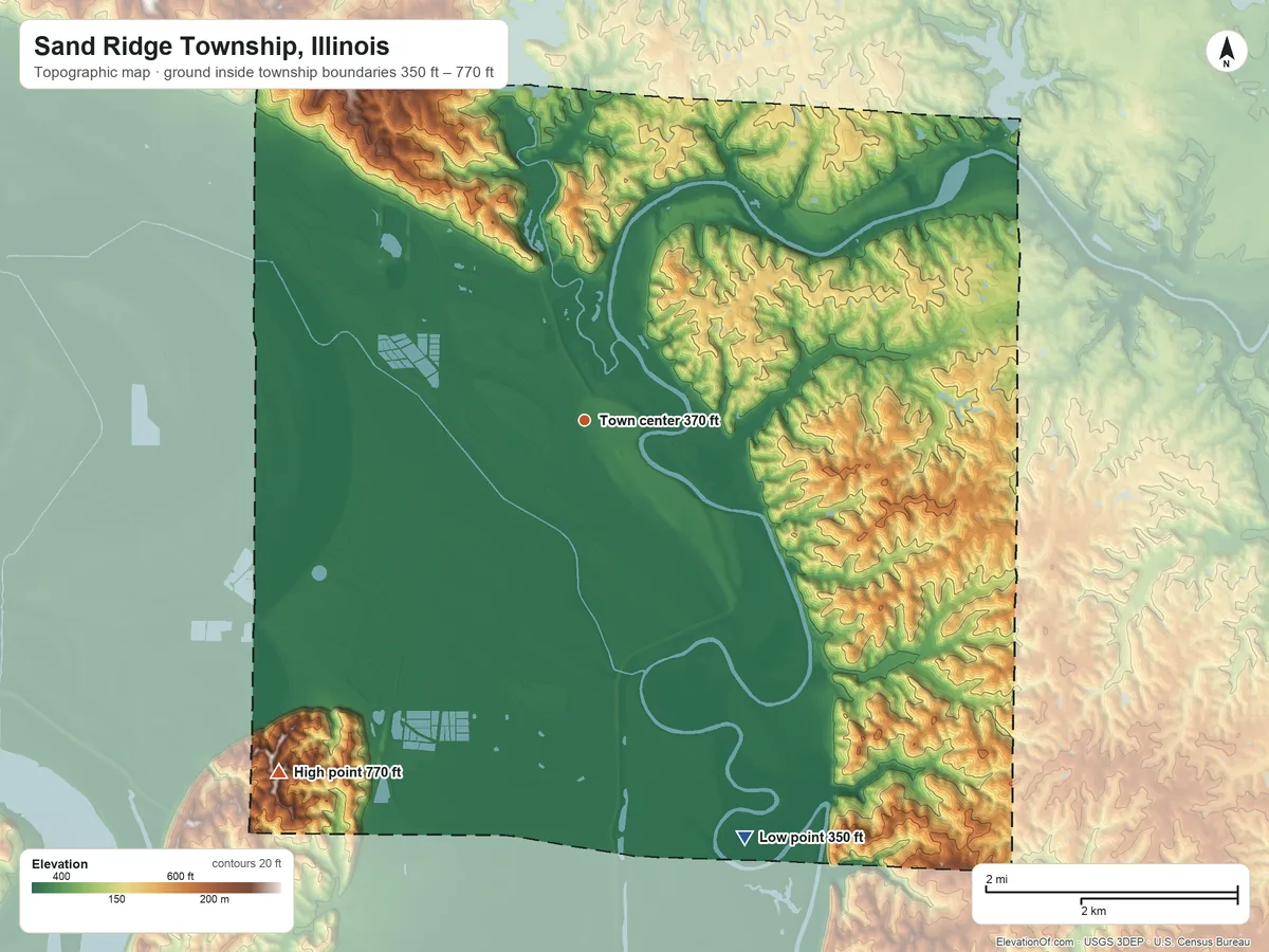 Topographic elevation map of Sand Ridge Township, Illinois, shaded from 350 ft on the south side to 770 ft on the southwest side