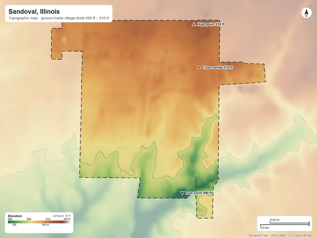 Topographic elevation map of Sandoval, Illinois, shaded from 490 ft on the south side to 510 ft on the north side
