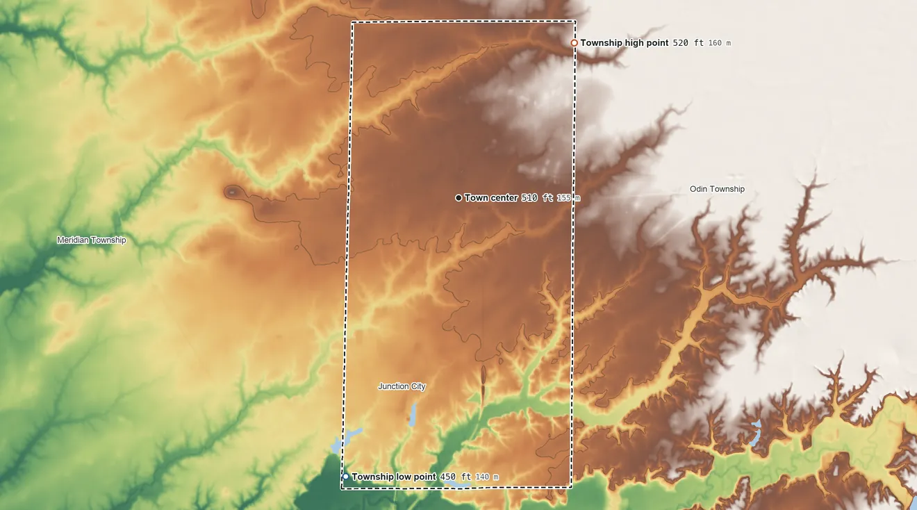 Topographic elevation map of Sandoval Township, Illinois, shaded from 450 ft on the south side to 520 ft on the northeast side