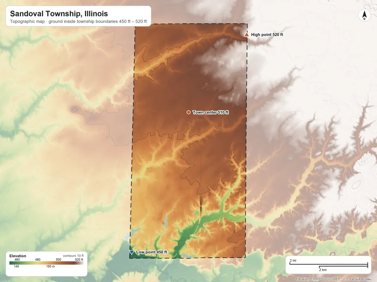 Topographic elevation map of Sandoval Township, Illinois, shaded from 450 ft on the south side to 520 ft on the northeast side