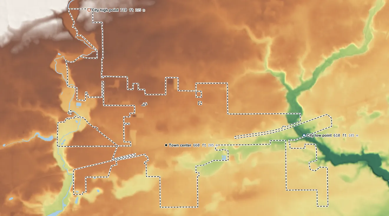 Topographic elevation map of Sandwich, Illinois, shaded from 610 ft on the east side to 710 ft on the northwest side