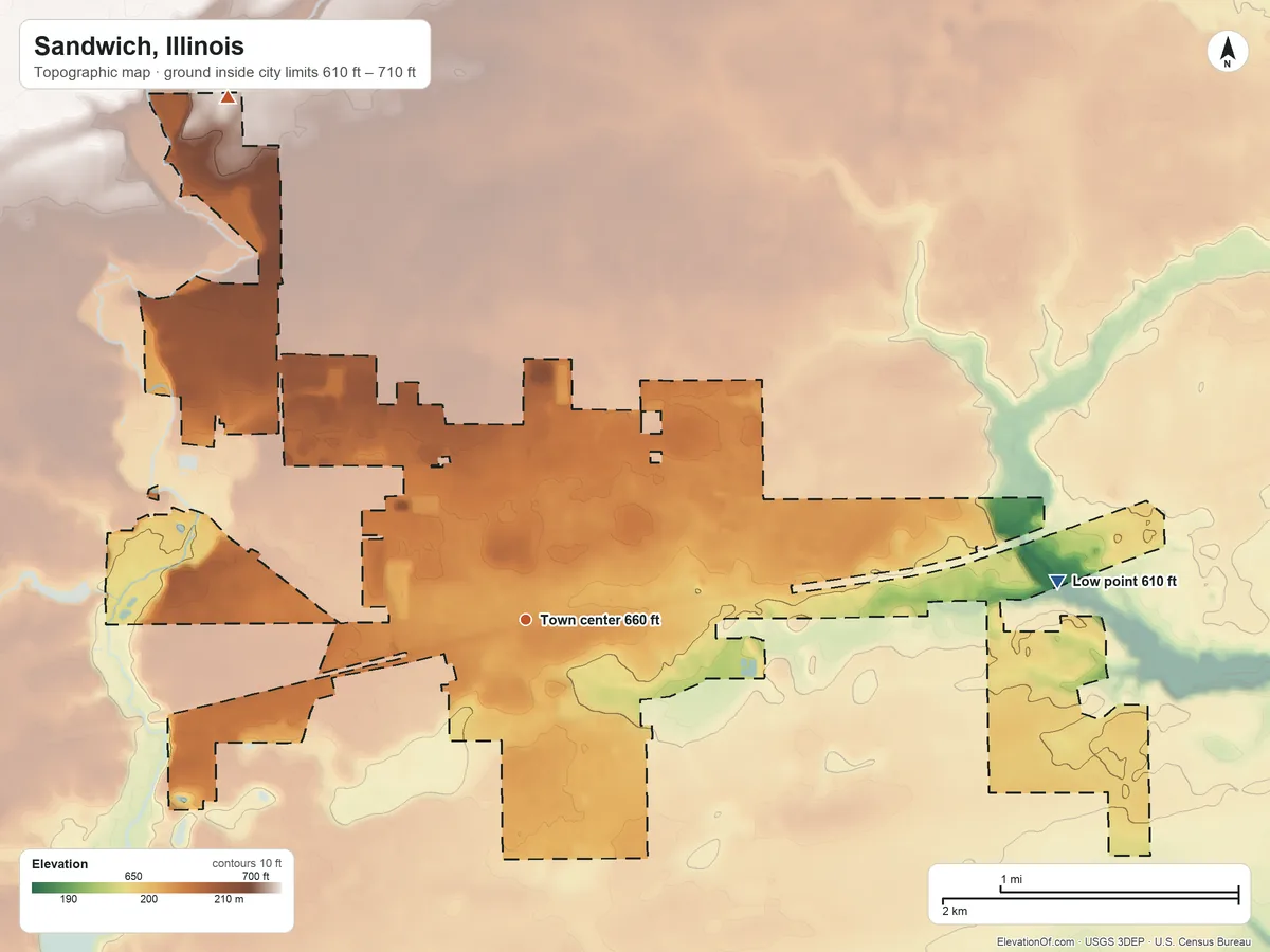 Topographic elevation map of Sandwich, Illinois, shaded from 610 ft on the east side to 710 ft on the northwest side