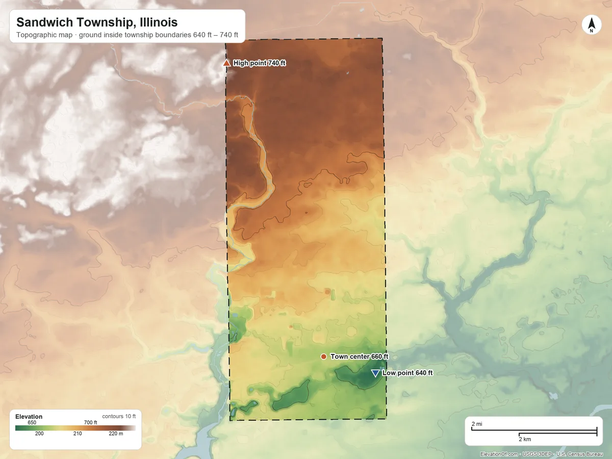 Topographic elevation map of Sandwich Township, Illinois, shaded from 640 ft on the east side to 740 ft on the north side