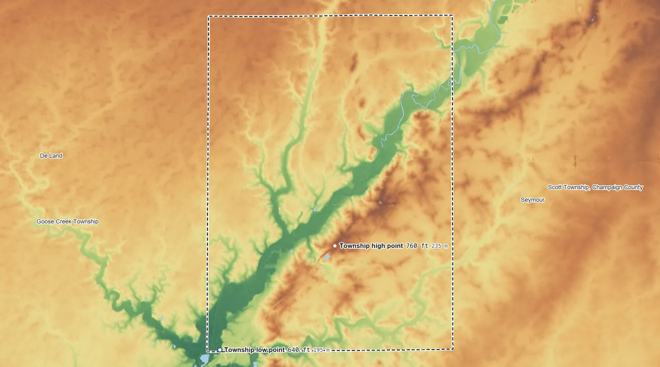 Topographic elevation map of Sangamon Township, Illinois, shaded from 640 ft on the southwest side to 760 ft near the middle