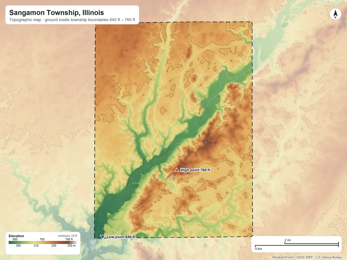 Topographic elevation map of Sangamon Township, Illinois, shaded from 640 ft on the southwest side to 760 ft near the middle