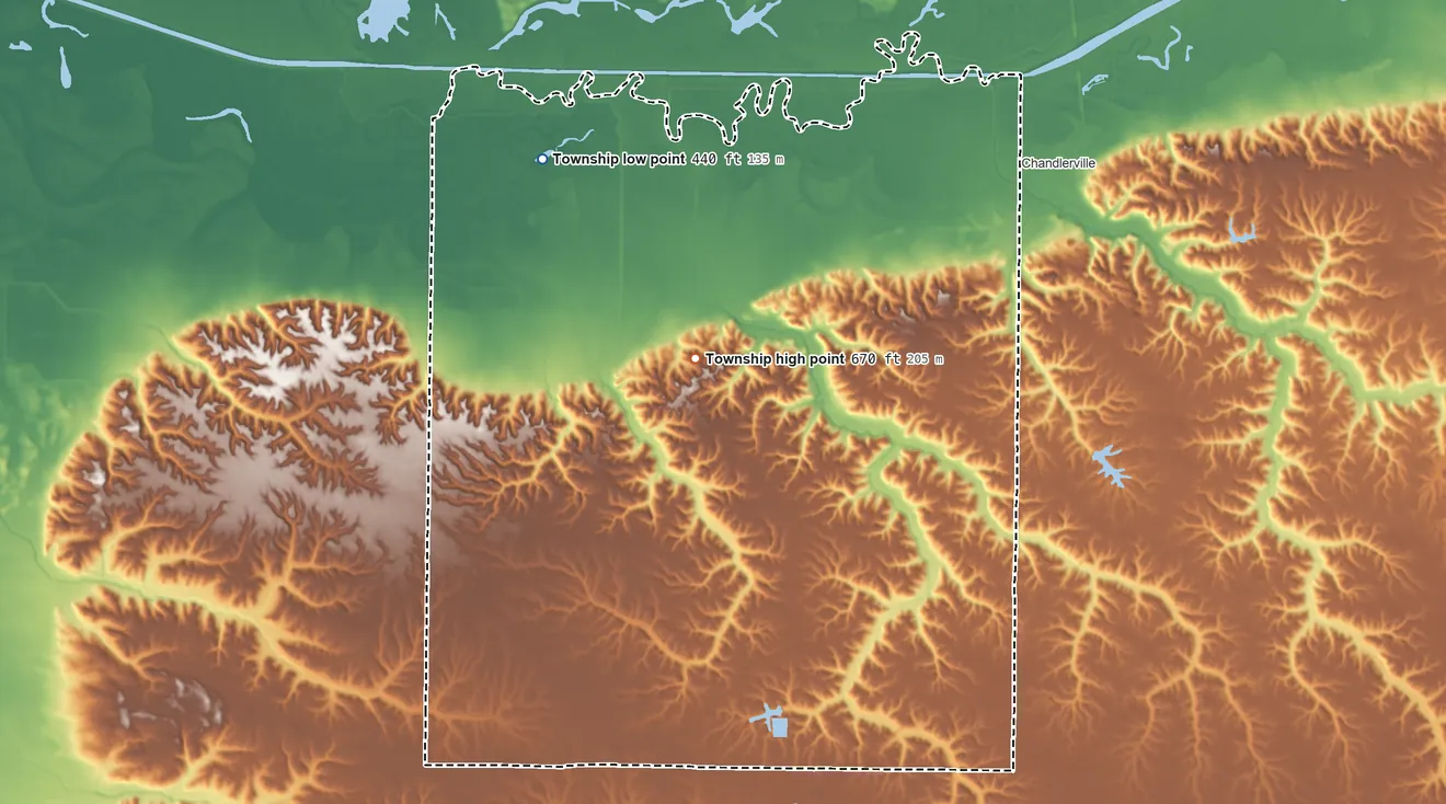 Topographic elevation map of Sangamon Valley Township, Illinois, shaded from 440 ft on the northwest side to 670 ft on the northwest side