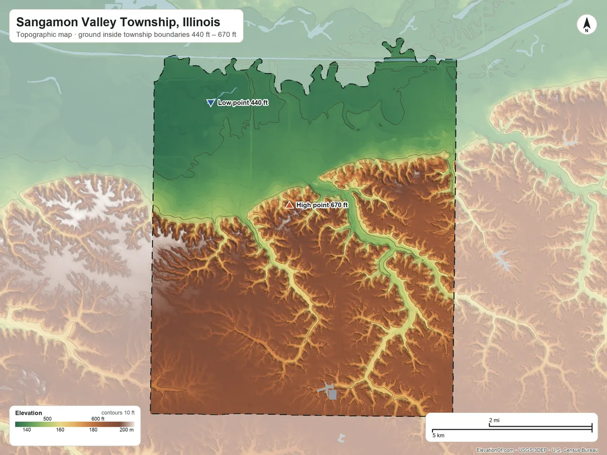 Topographic elevation map of Sangamon Valley Township, Illinois, shaded from 440 ft on the northwest side to 670 ft on the northwest side