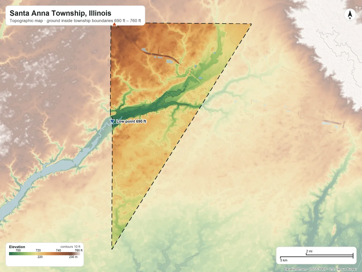 Topographic elevation map of Santa Anna Township, Illinois, shaded from 690 ft on the southwest side to 760 ft on the northwest side
