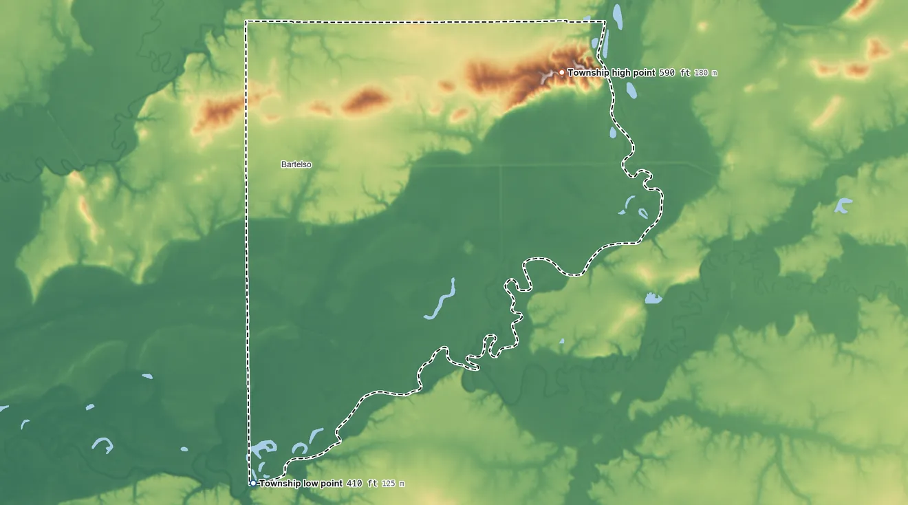 Topographic elevation map of Santa Fe Township, Illinois, shaded from 410 ft on the south side to 590 ft on the east side