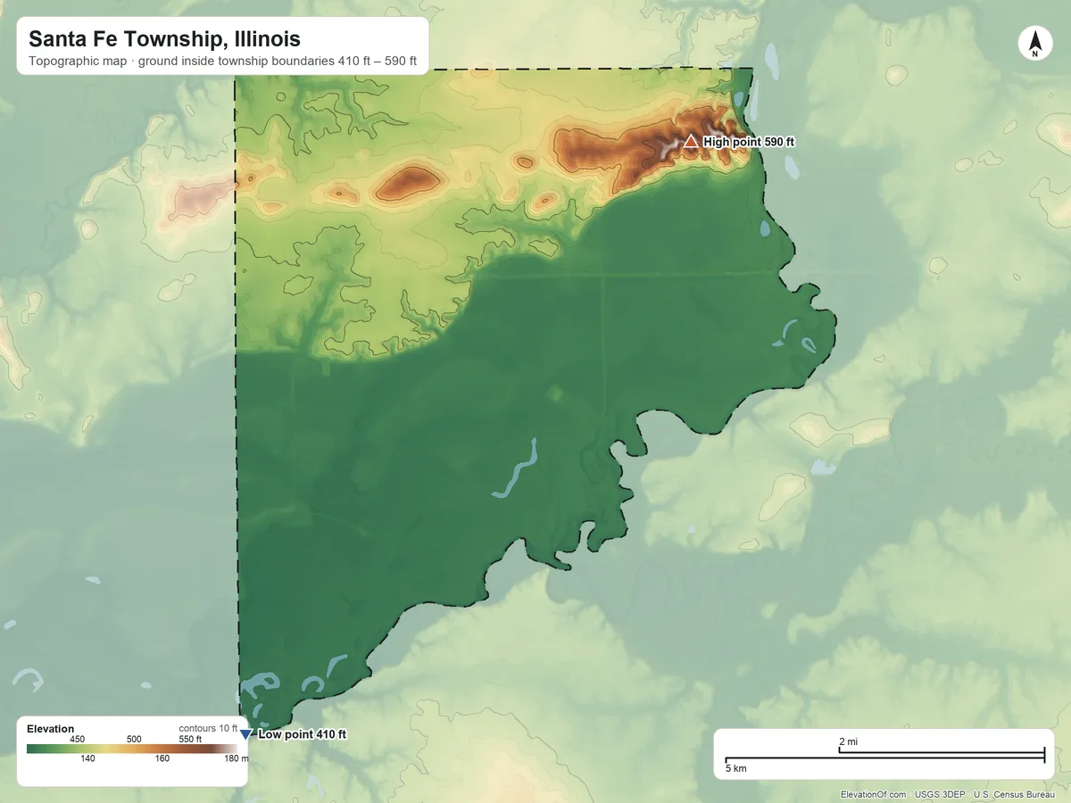 Topographic elevation map of Santa Fe Township, Illinois, shaded from 410 ft on the south side to 590 ft on the east side
