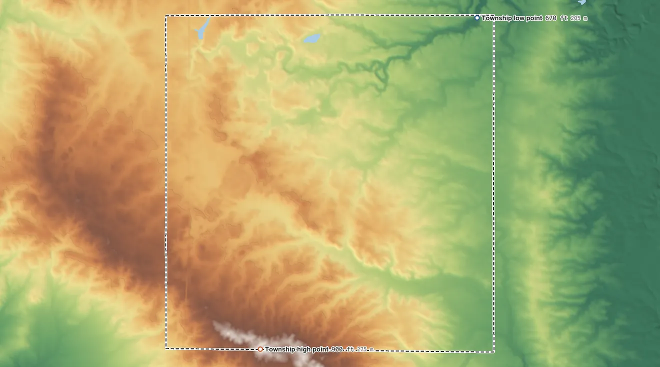 Topographic elevation map of Saratoga Township, Marshall County, Illinois, shaded from 670 ft on the northeast side to 900 ft on the south side