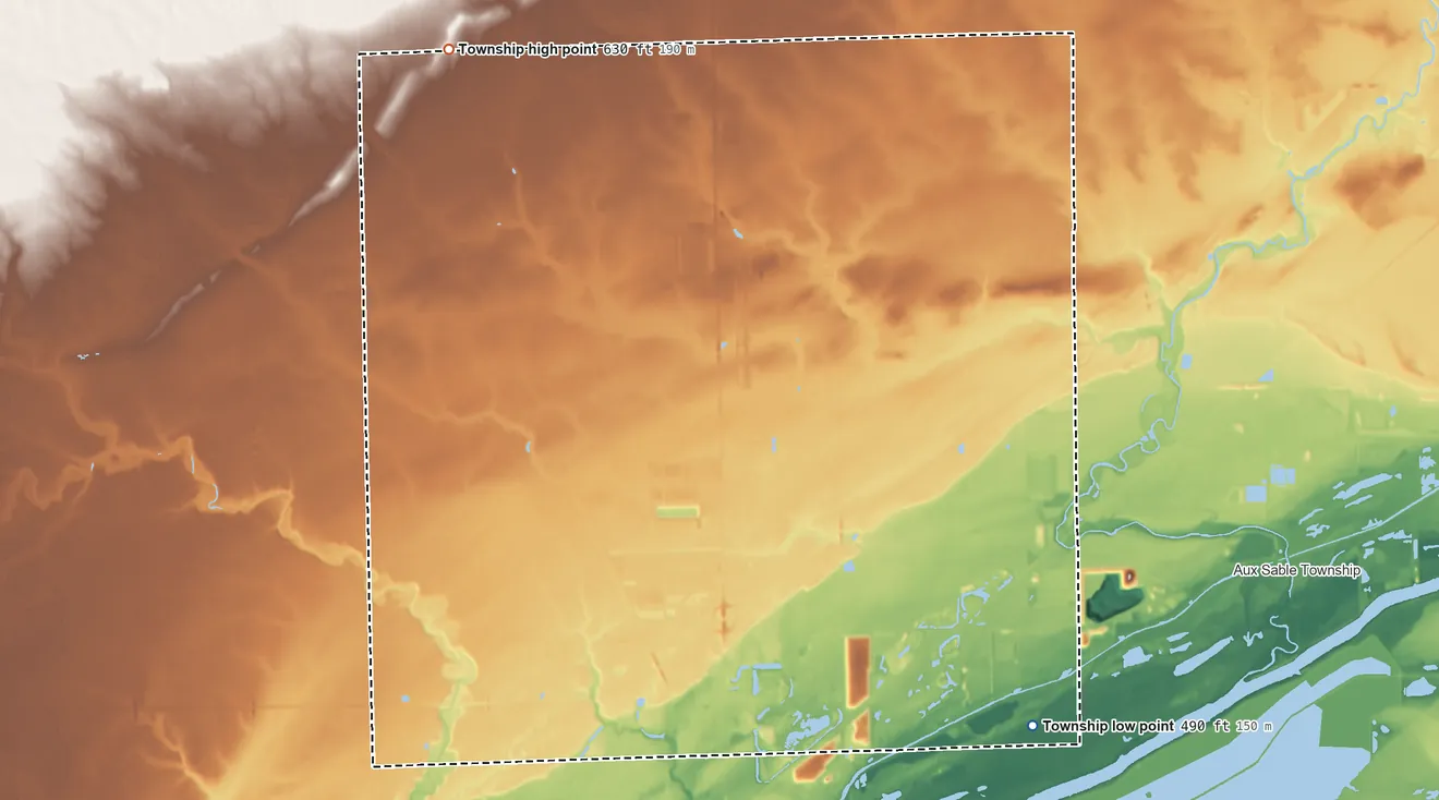 Topographic elevation map of Saratoga Township, Illinois, shaded from 490 ft on the east side to 630 ft on the north side