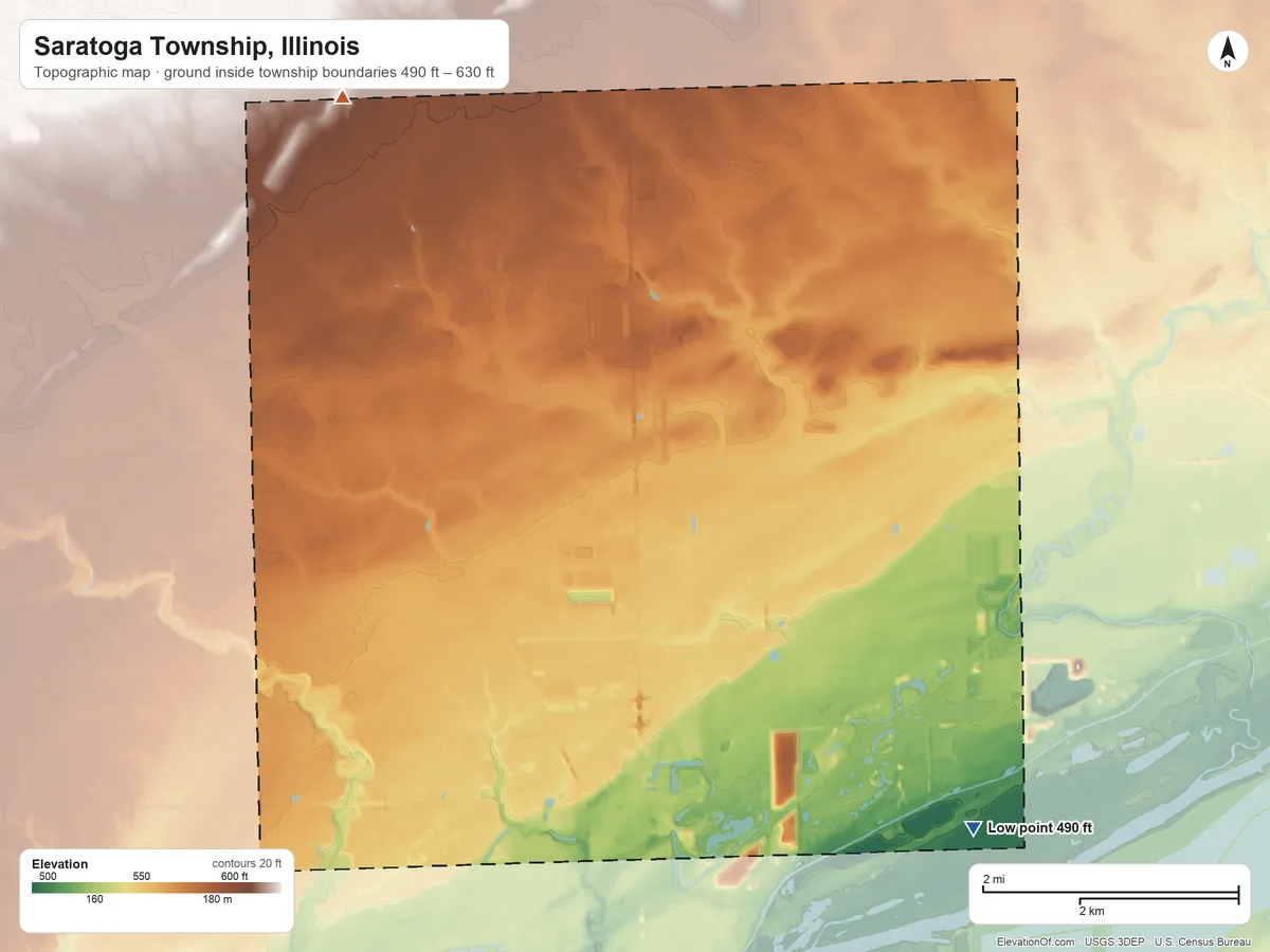 Topographic elevation map of Saratoga Township, Illinois, shaded from 490 ft on the east side to 630 ft on the north side