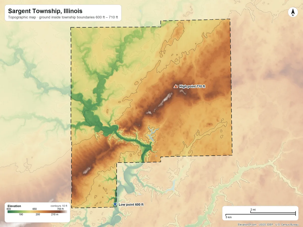 Topographic elevation map of Sargent Township, Illinois, shaded from 600 ft on the south side to 710 ft on the northeast side