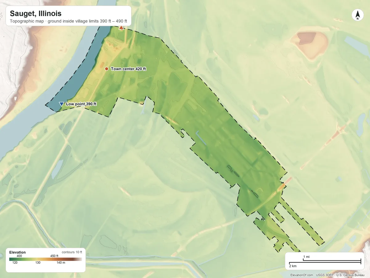 Topographic elevation map of Sauget, Illinois, shaded from 390 ft on the southwest side to 490 ft on the north side