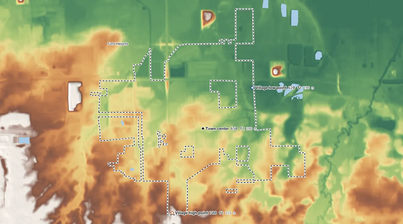 Topographic elevation map of Sauk Village, Illinois, shaded from 620 ft on the northeast side to 700 ft on the south side