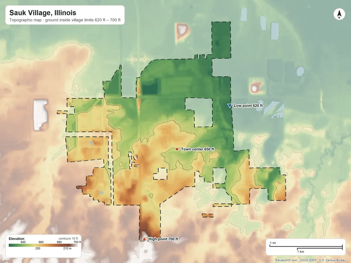 Topographic elevation map of Sauk Village, Illinois, shaded from 620 ft on the northeast side to 700 ft on the south side