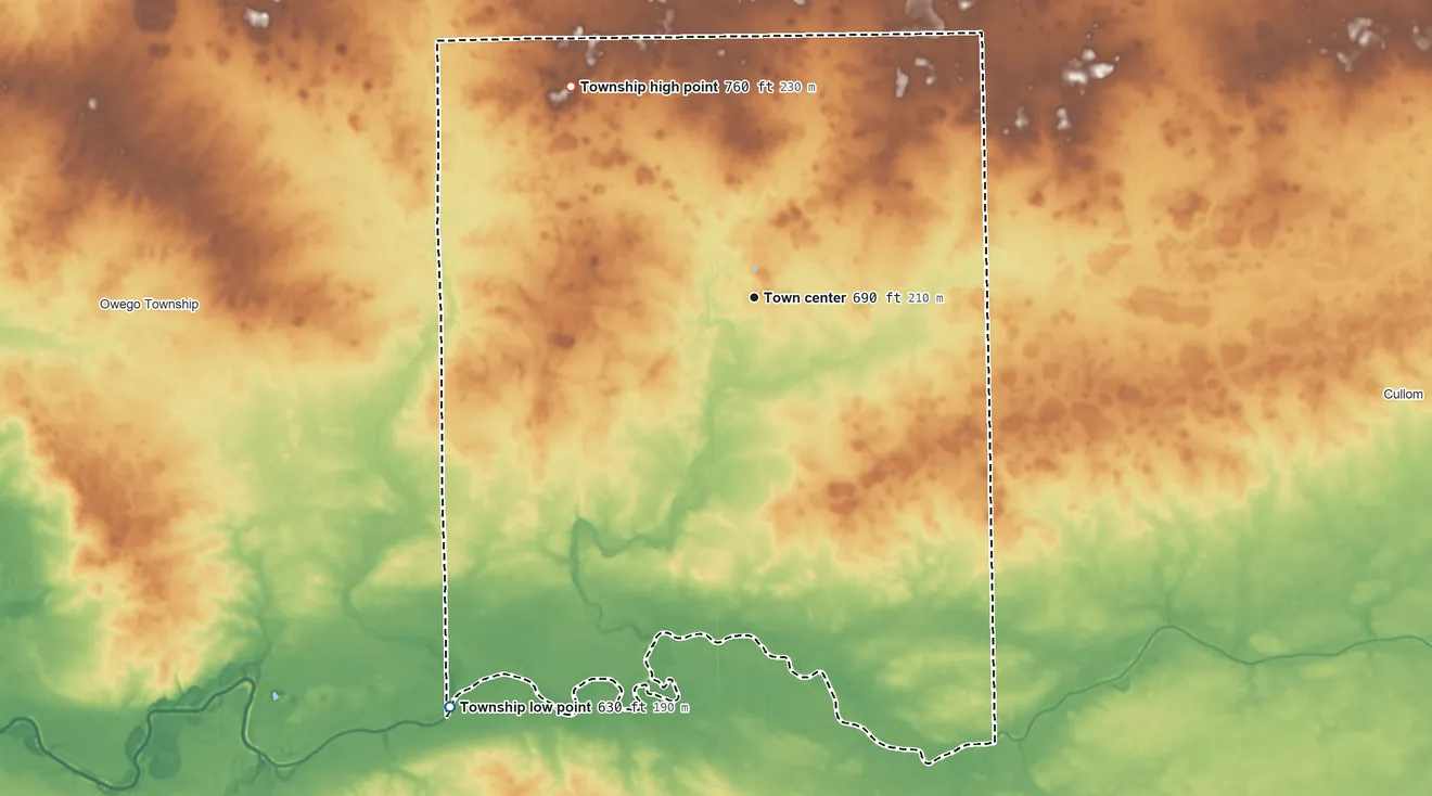 Topographic elevation map of Saunemin Township, Illinois, shaded from 630 ft on the southwest side to 760 ft on the northwest side