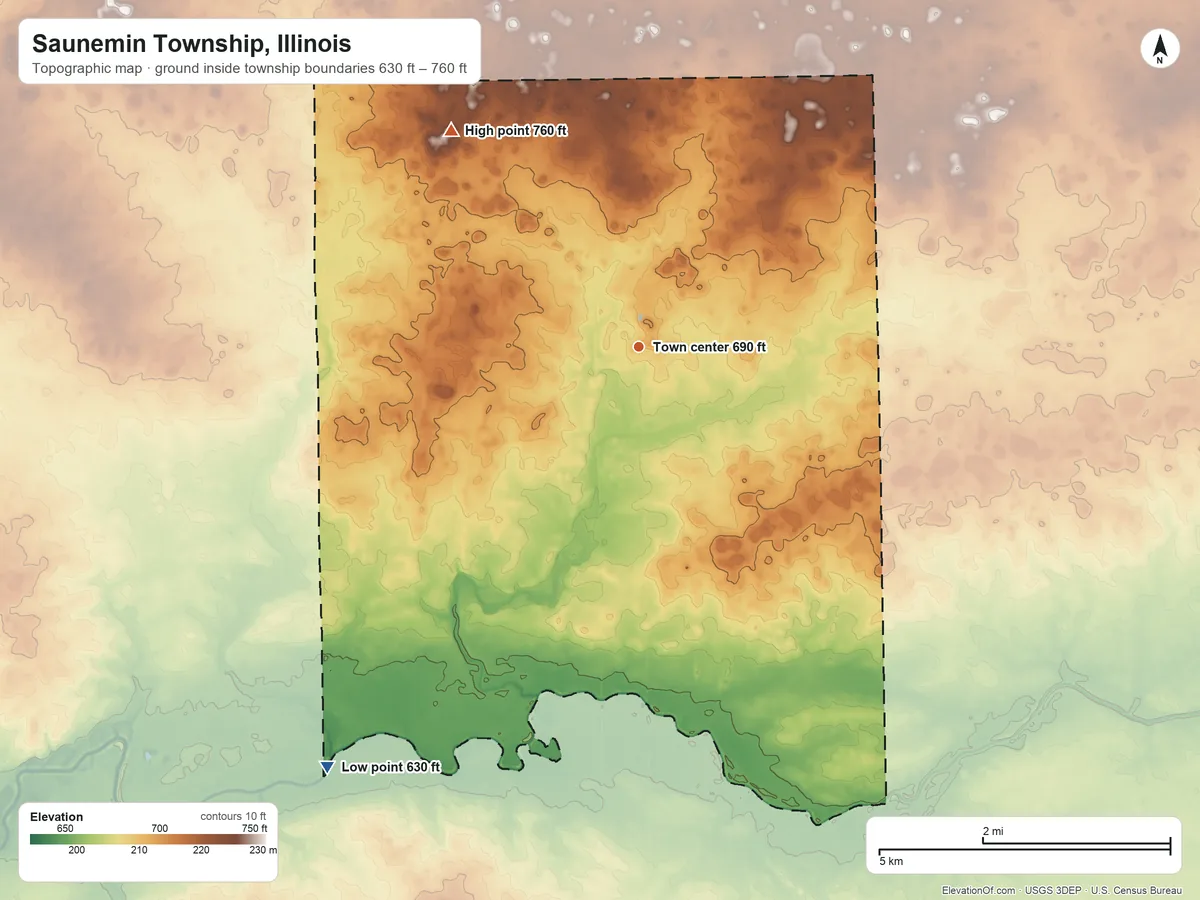 Topographic elevation map of Saunemin Township, Illinois, shaded from 630 ft on the southwest side to 760 ft on the northwest side