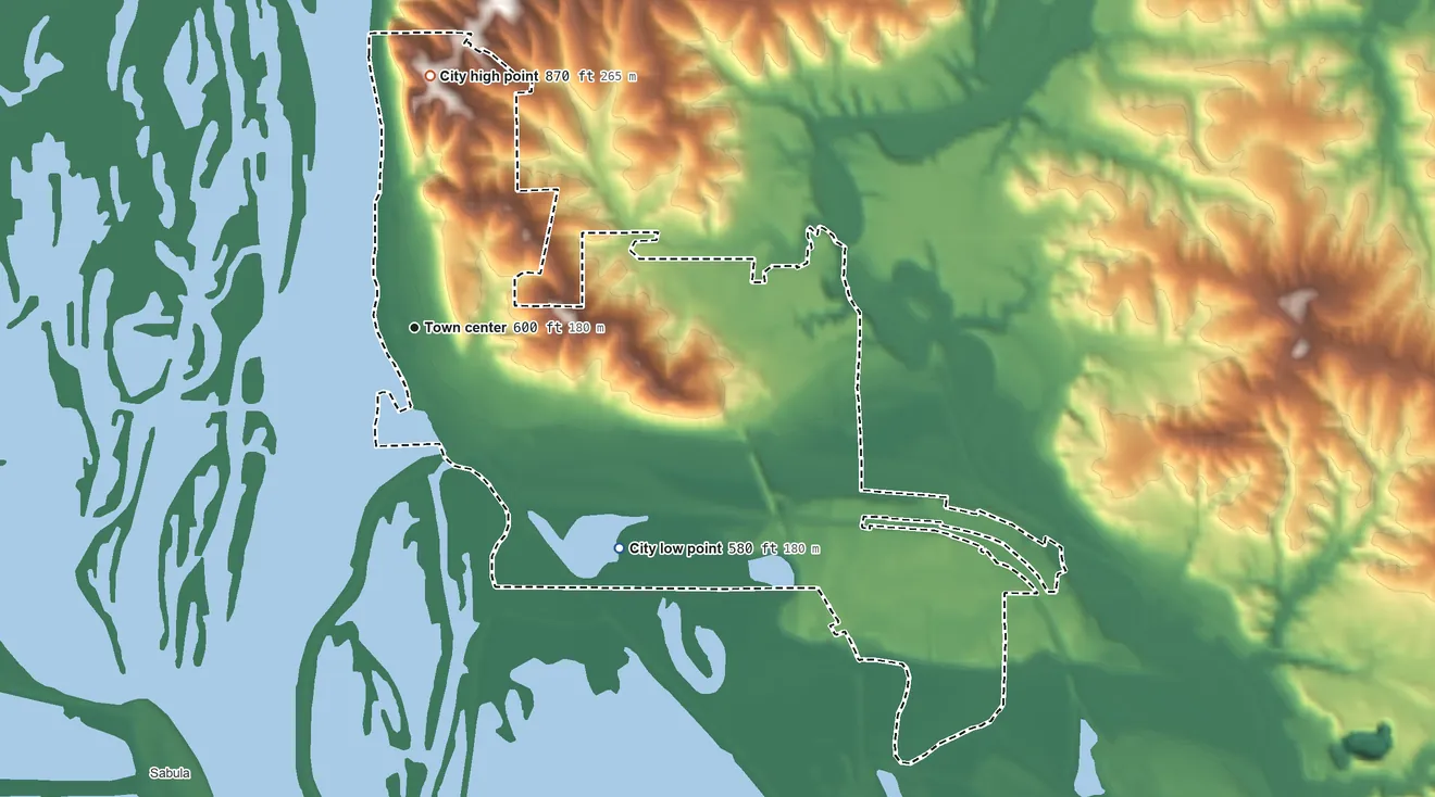 Topographic elevation map of Savanna, Illinois, shaded from 580 ft on the southeast side to 870 ft on the north side