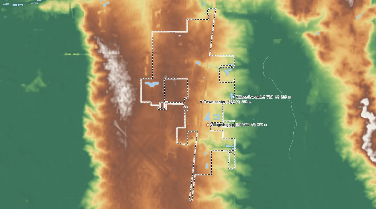 Topographic elevation map of Savoy, Illinois, shaded from 710 ft on the east side to 760 ft on the south side