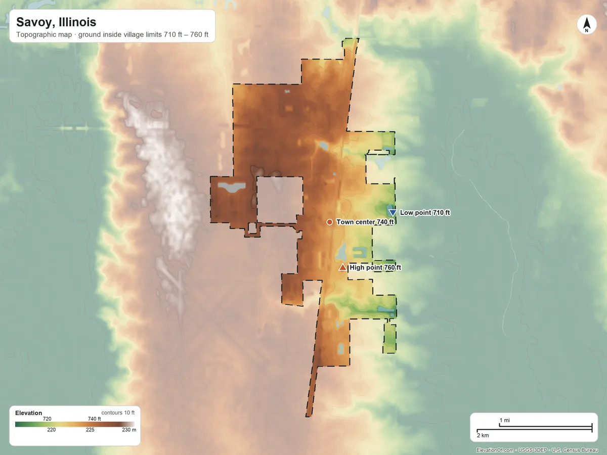 Topographic elevation map of Savoy, Illinois, shaded from 710 ft on the east side to 760 ft on the south side
