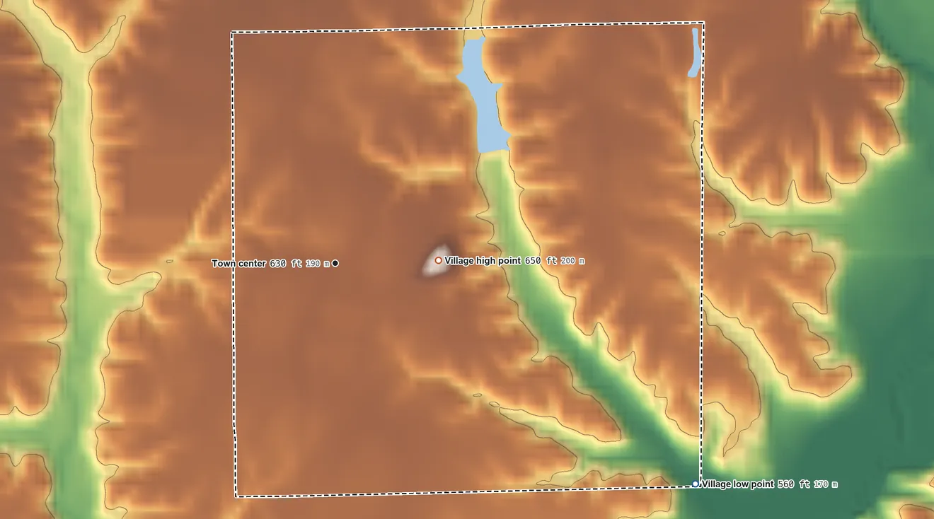 Topographic elevation map of Sawyerville, Illinois, shaded from 560 ft on the southeast side to 650 ft on the east side
