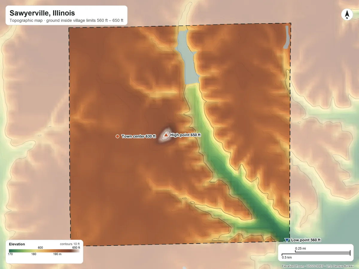 Topographic elevation map of Sawyerville, Illinois, shaded from 560 ft on the southeast side to 650 ft on the east side