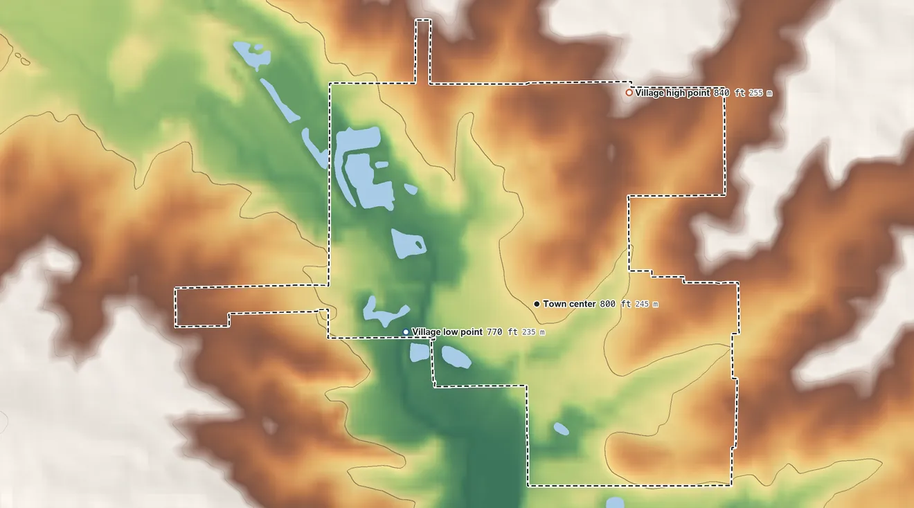 Topographic elevation map of Saybrook, Illinois, shaded from 770 ft on the west side to 840 ft on the northeast side