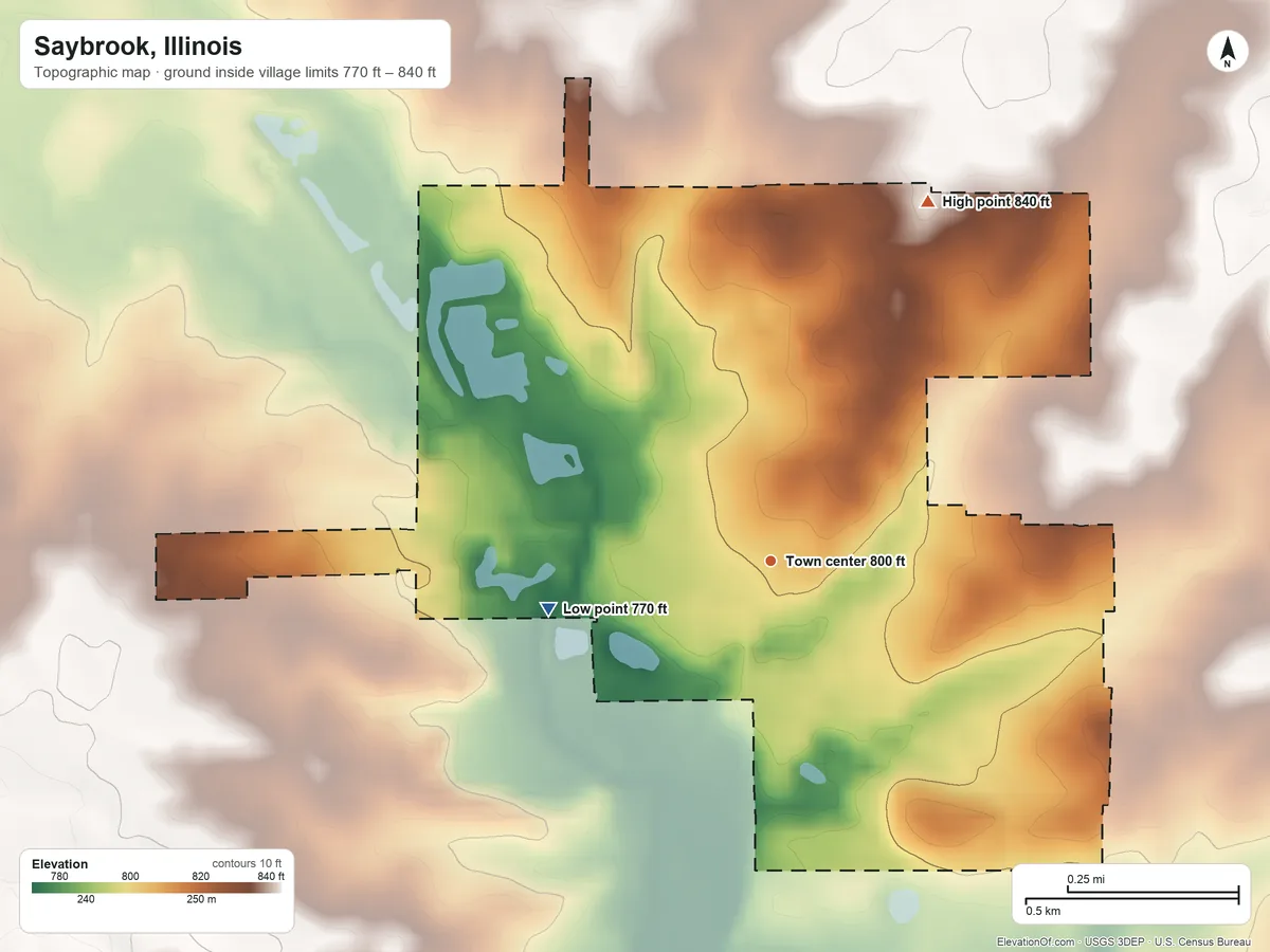 Topographic elevation map of Saybrook, Illinois, shaded from 770 ft on the west side to 840 ft on the northeast side