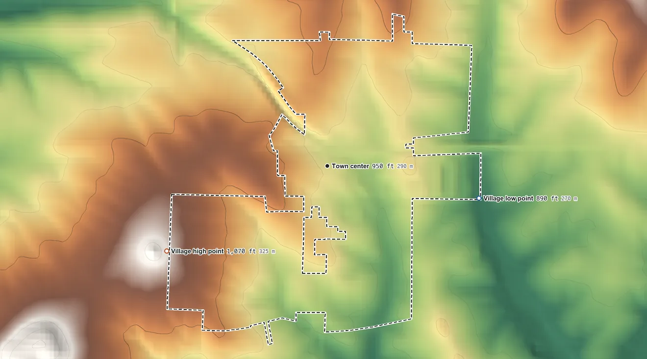 Topographic elevation map of Scales Mound, Illinois, shaded from 890 ft on the east side to 1,070 ft on the southwest side