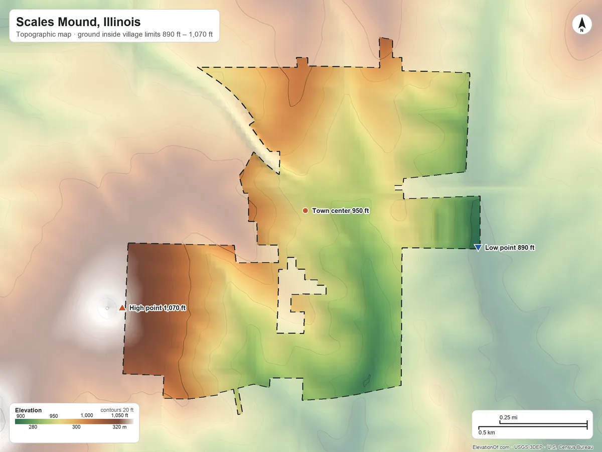 Topographic elevation map of Scales Mound, Illinois, shaded from 890 ft on the east side to 1,070 ft on the southwest side