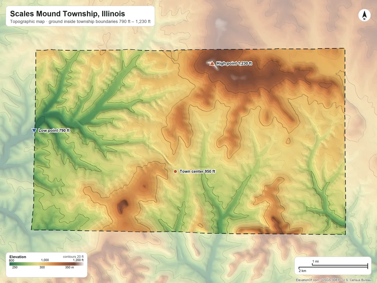 Topographic elevation map of Scales Mound Township, Illinois, shaded from 790 ft on the west side to 1,230 ft on Charles Mound
