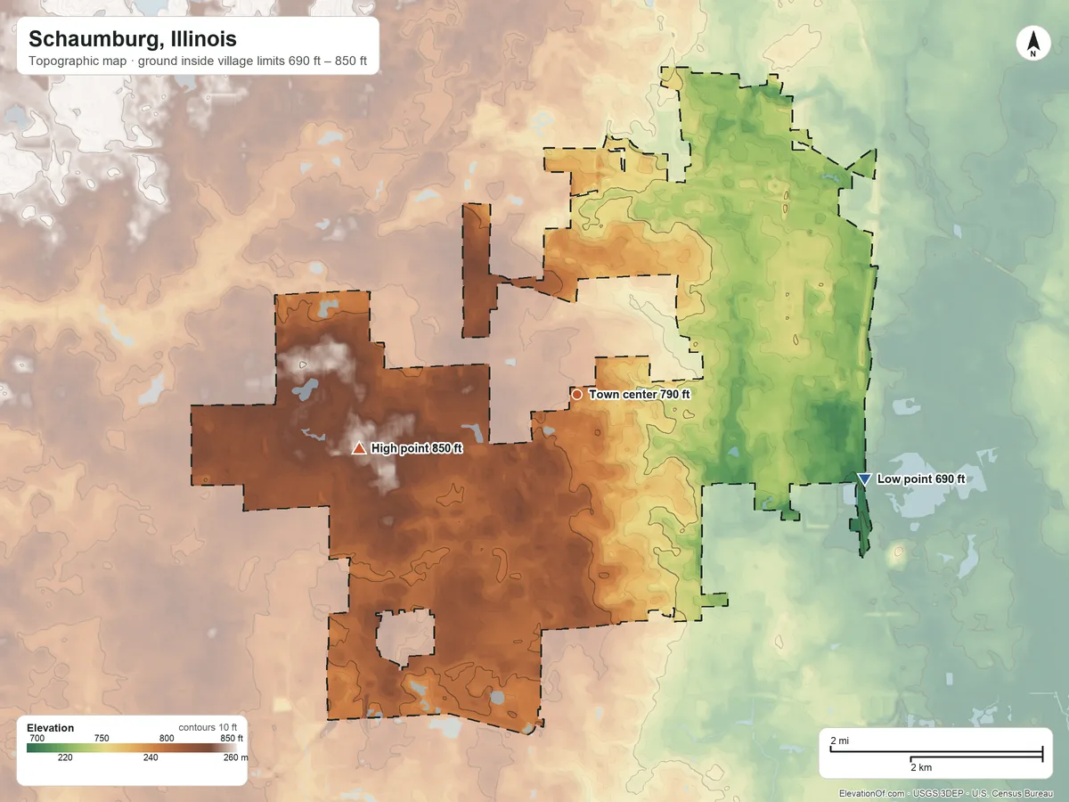 Topographic elevation map of Schaumburg, Illinois, shaded from 690 ft on the east side to 850 ft on the west side