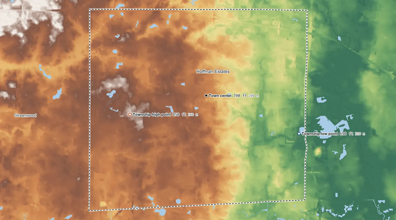 Topographic elevation map of Schaumburg Township, Illinois, shaded from 690 ft on the east side to 850 ft on the west side