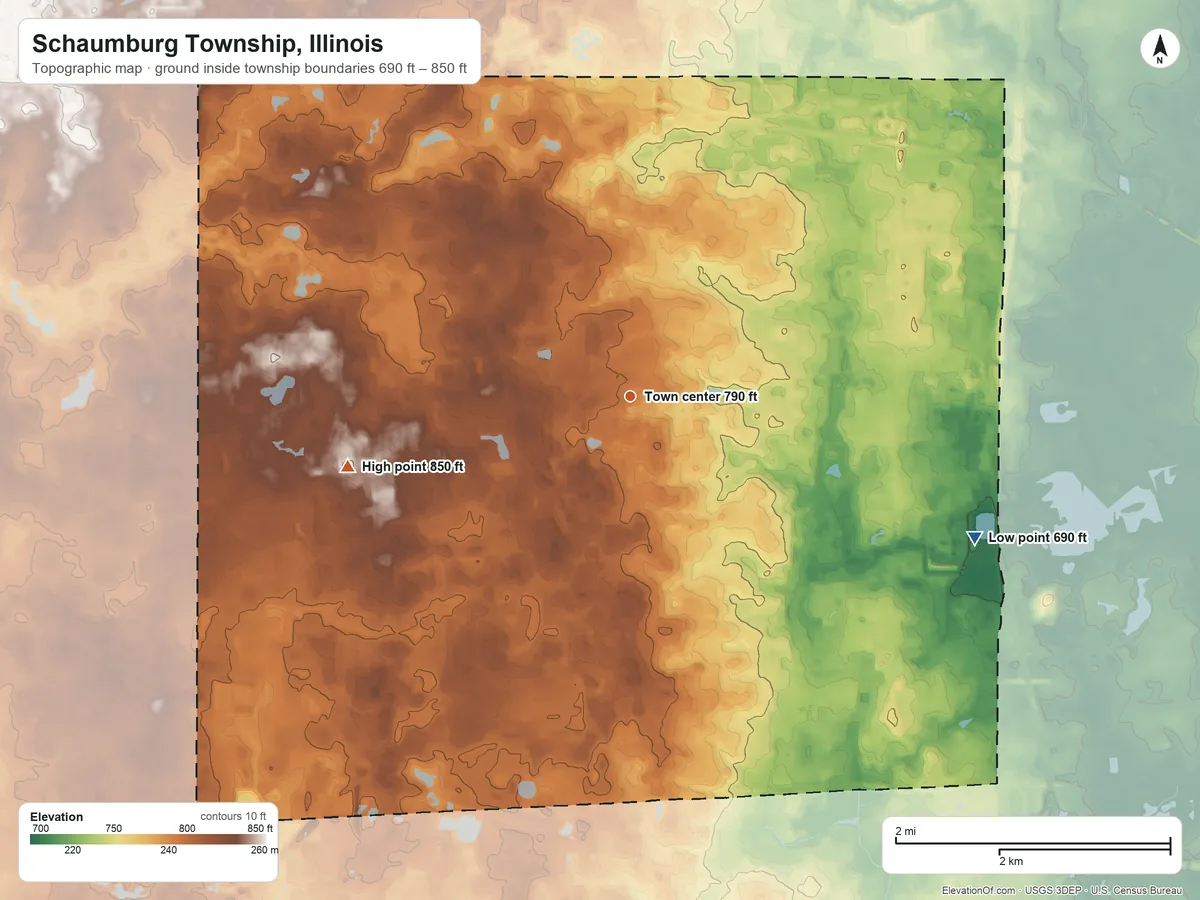 Topographic elevation map of Schaumburg Township, Illinois, shaded from 690 ft on the east side to 850 ft on the west side