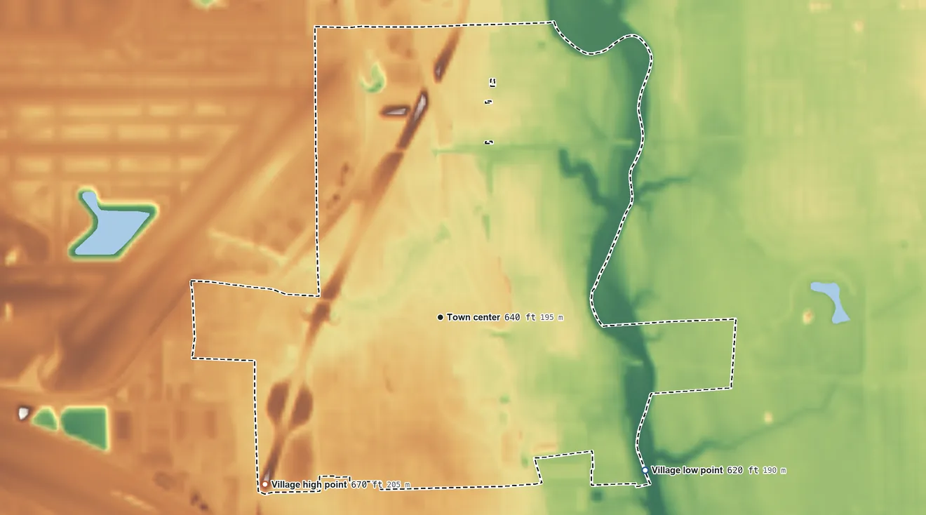 Topographic elevation map of Schiller Park, Illinois, shaded from 620 ft on the southeast side to 670 ft on the southwest side