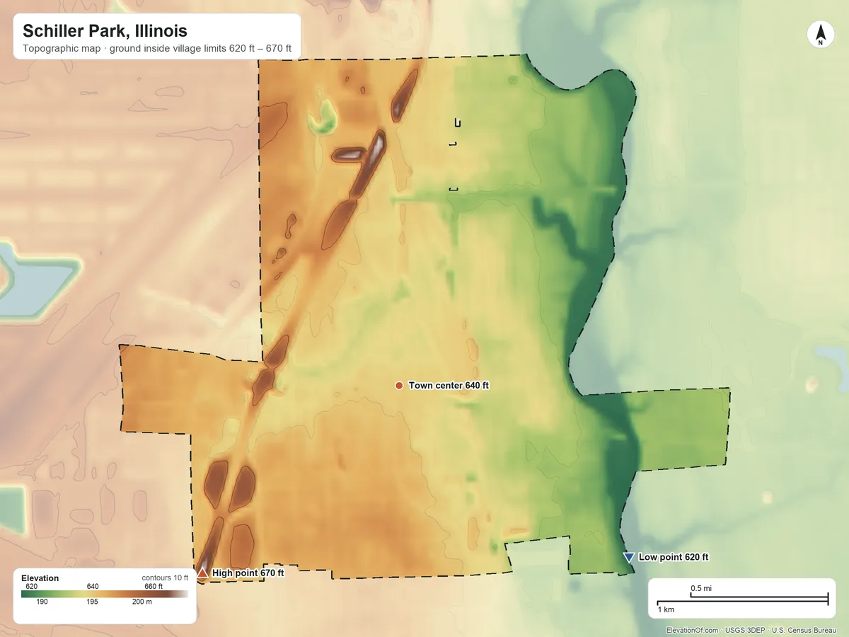 Topographic elevation map of Schiller Park, Illinois, shaded from 620 ft on the southeast side to 670 ft on the southwest side