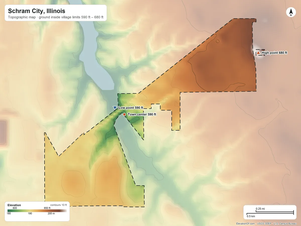 Topographic elevation map of Schram City, Illinois, shaded from 590 ft near the middle to 680 ft on the northeast side