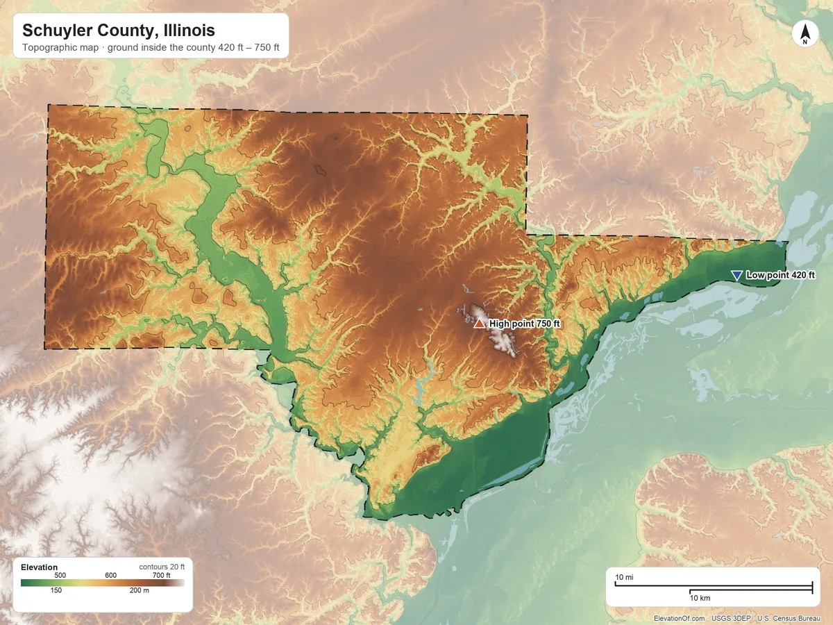 Topographic elevation map of Schuyler County, Illinois, shaded from 420 ft on the east side to 750 ft near the middle