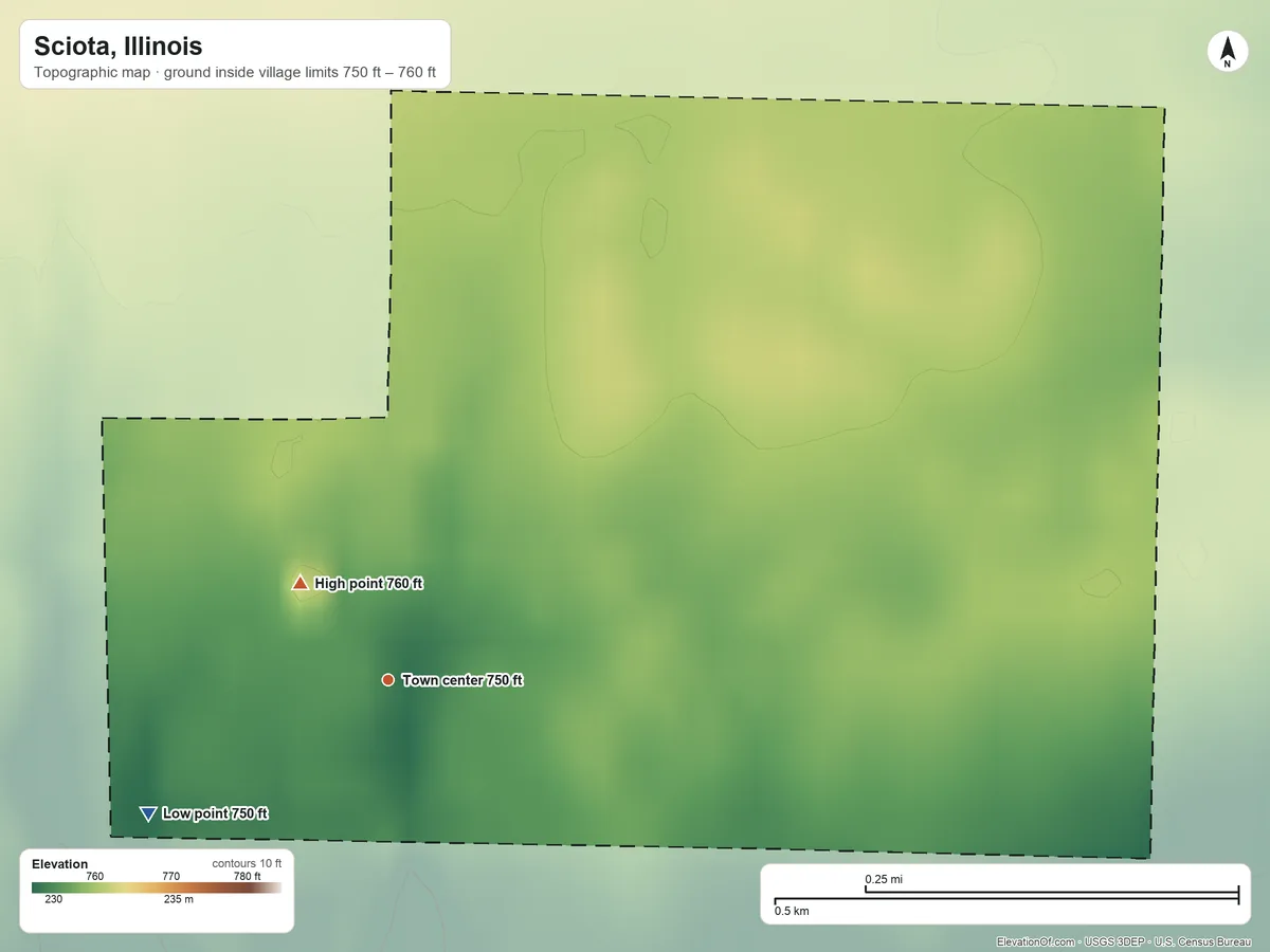 Topographic elevation map of Sciota, Illinois, shaded from 750 ft on the southwest side to 760 ft near the middle