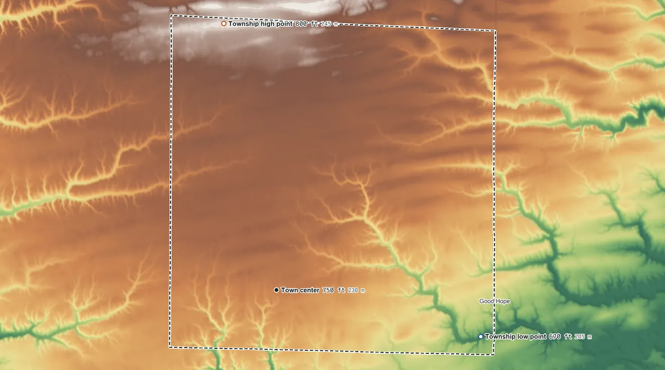 Topographic elevation map of Sciota Township, Illinois, shaded from 670 ft on the east side to 800 ft on the north side
