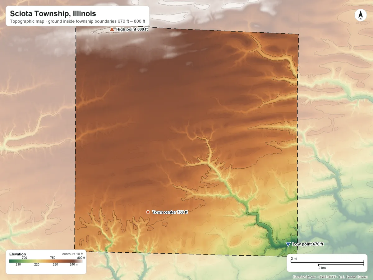 Topographic elevation map of Sciota Township, Illinois, shaded from 670 ft on the east side to 800 ft on the north side